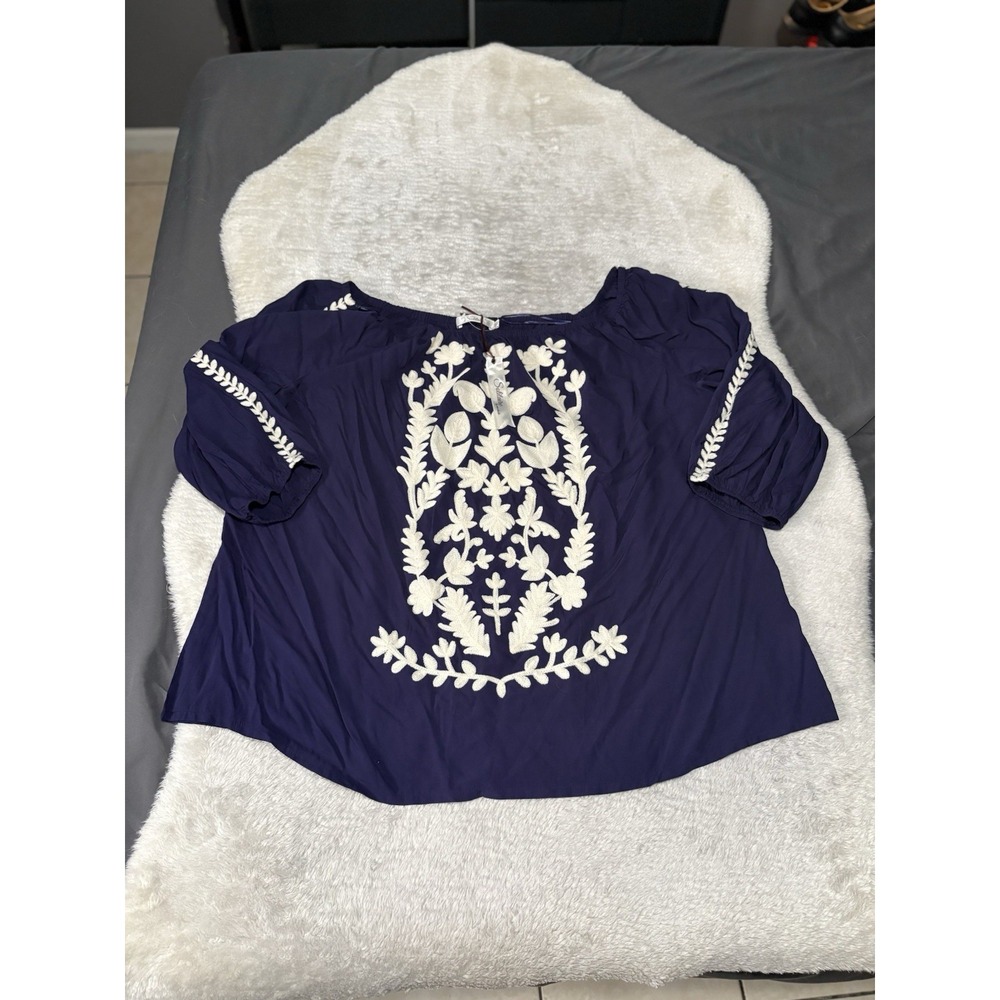 New Solitaire Navy Blue BOHO Embroidered Blouse Top‎ Plus Size 3X Shirt